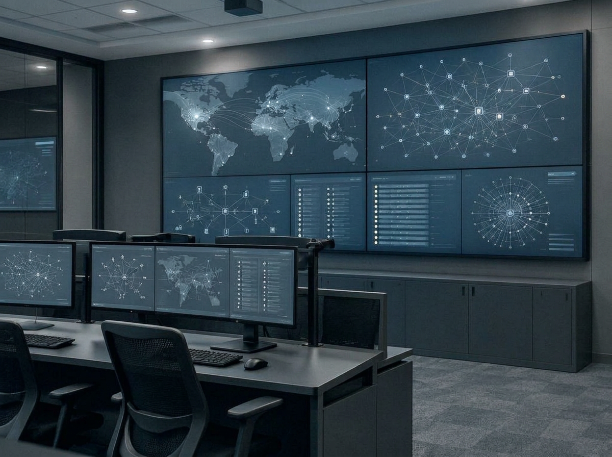 Leitstand mit Monitoren und Netzwerkdiagrammen