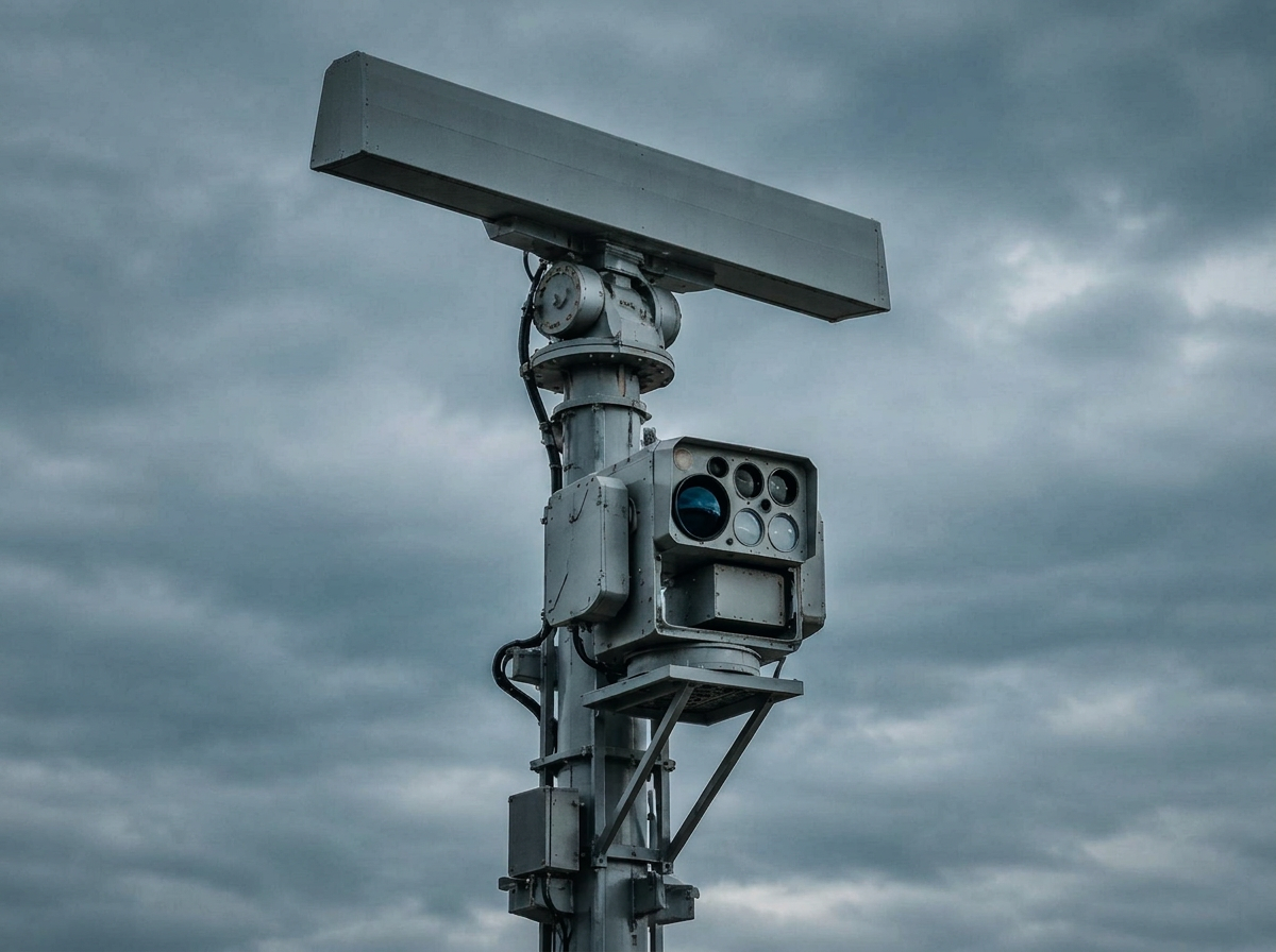 Radar- und Optronik-Sensorik auf einem Mast vor bewölktem Himmel